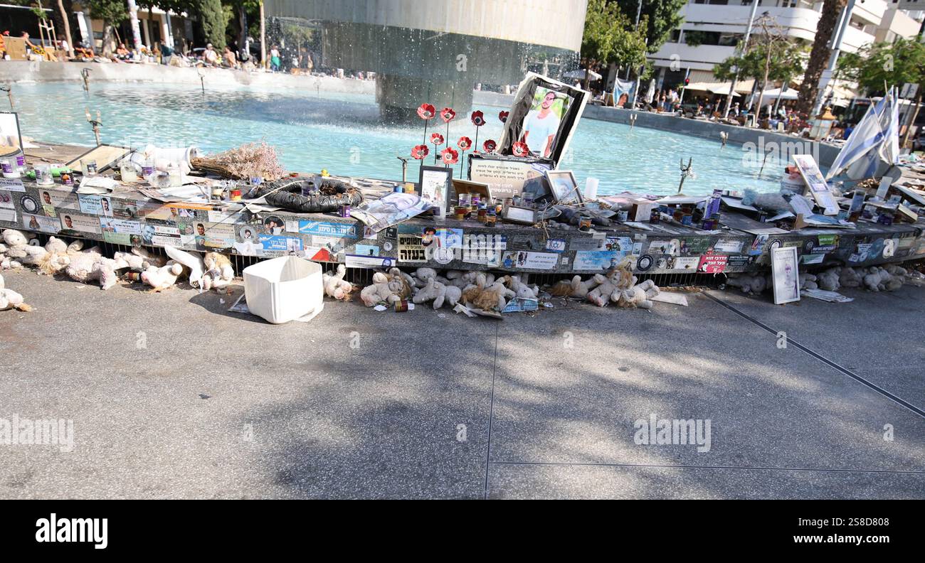 October 7 memorial items are left by the fountain at Dizengoff Center in Tel Aviv, Israel, on Oct. 23, 2024. Photo by Raquel G. Frohlich. Stock Photo