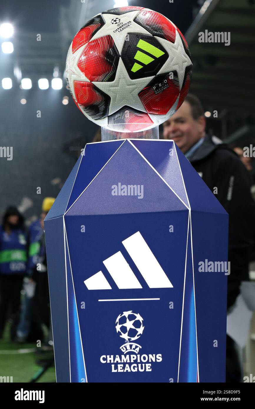 The official Adidas UCL third pro match ball is seen prior to the UEFA