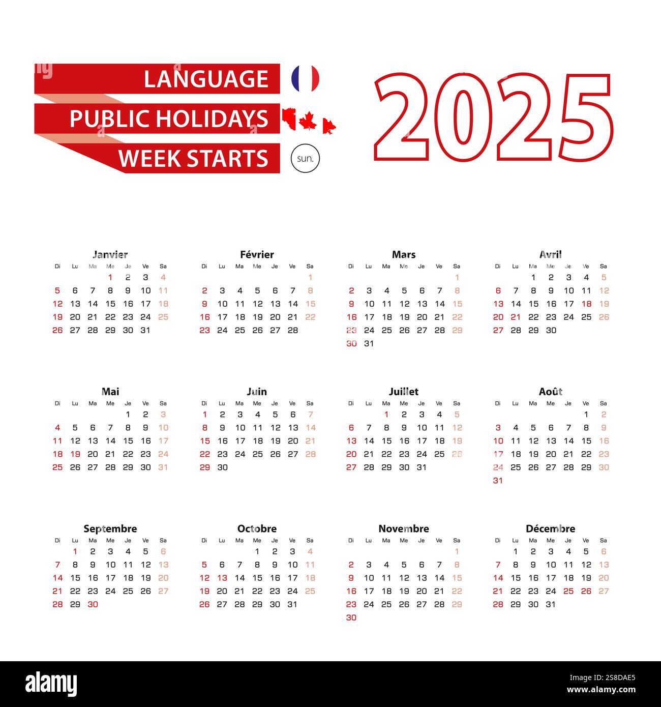 Calendar 2025 in French language with public holidays the country of