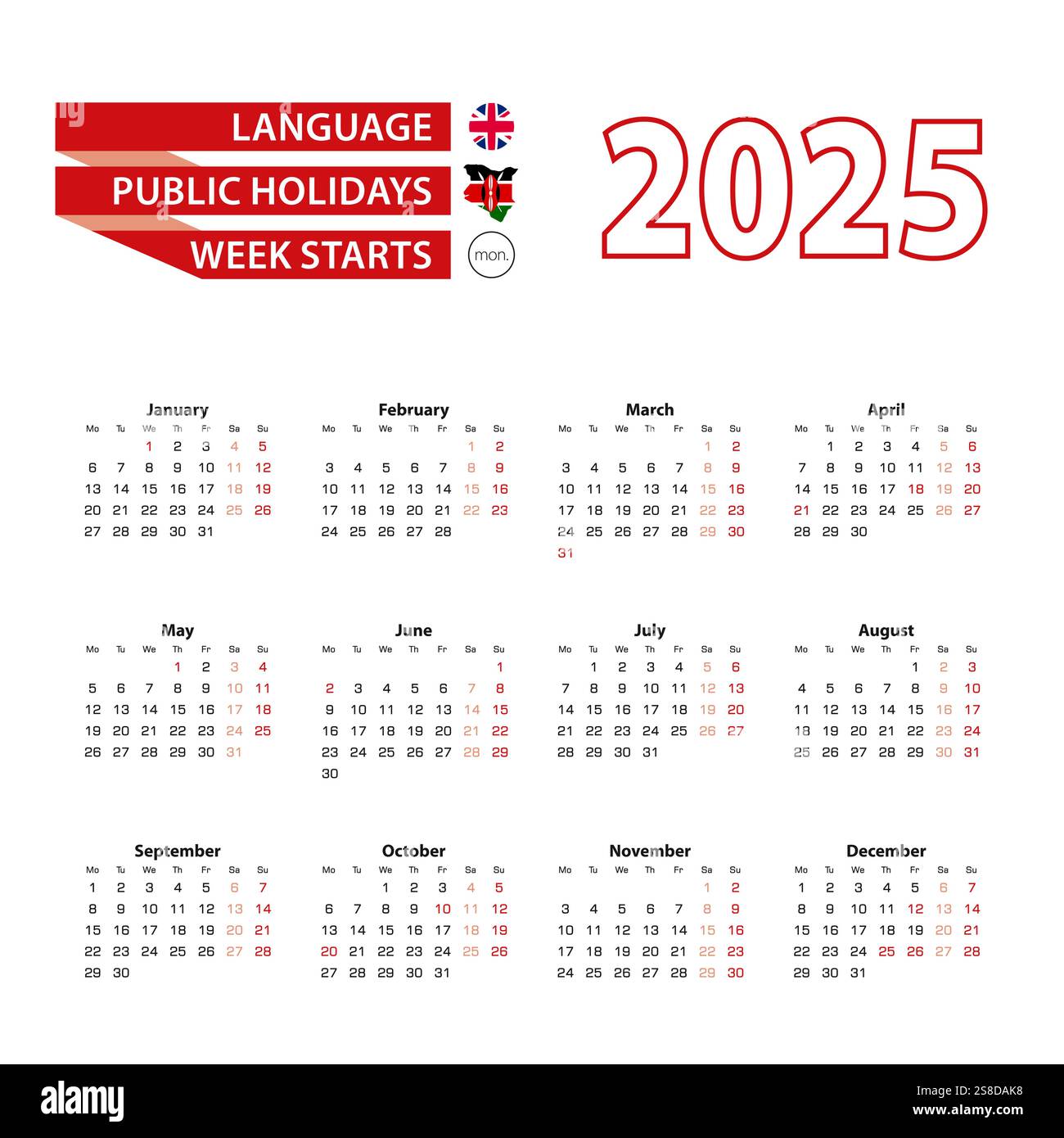 Calendar 2025 in English language with public holidays the country of