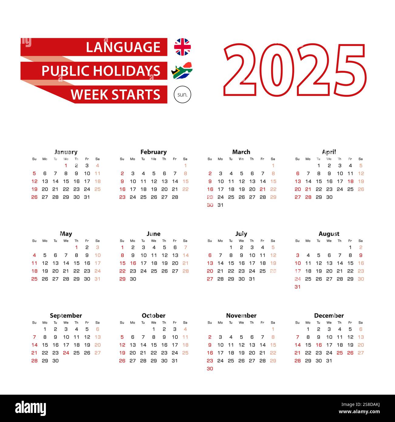 Calendar 2025 in English language with public holidays the country of