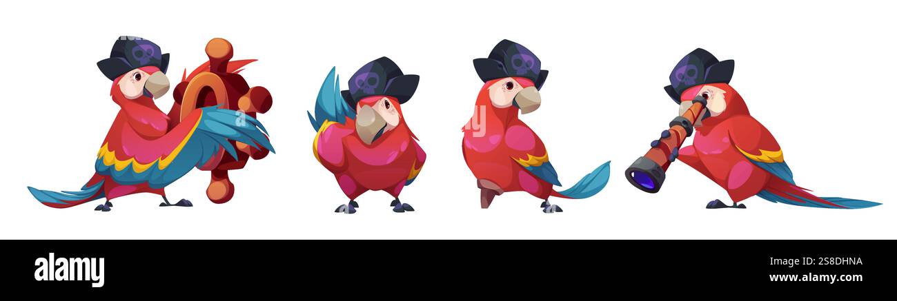 Pirate parrot character set with black hat and skull emblem - crimson ...