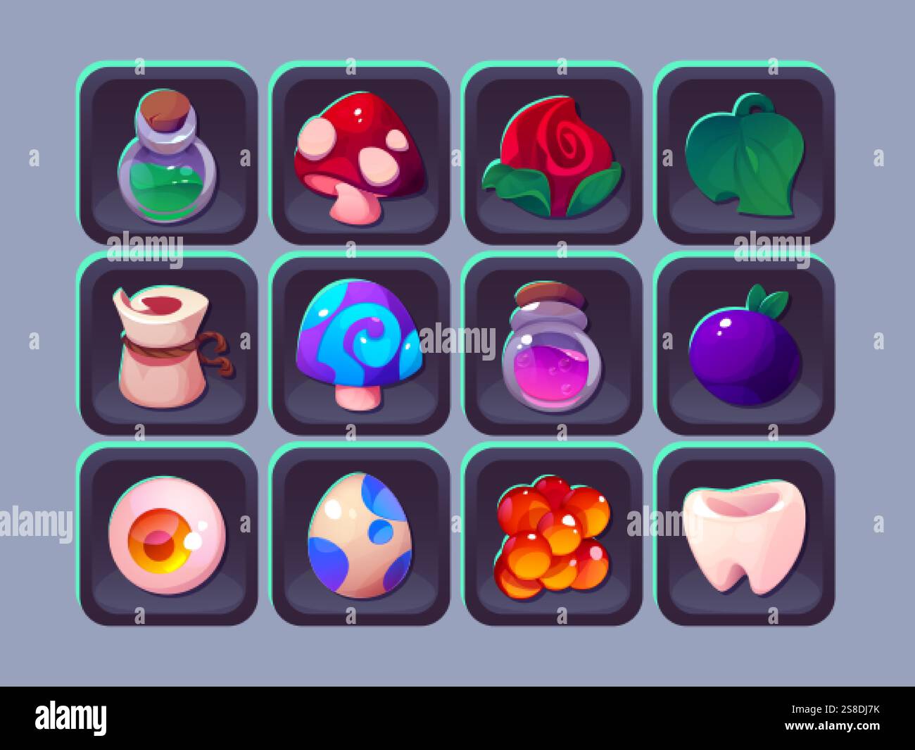 Game inventory icon collection with magical items - potion bottles with ...