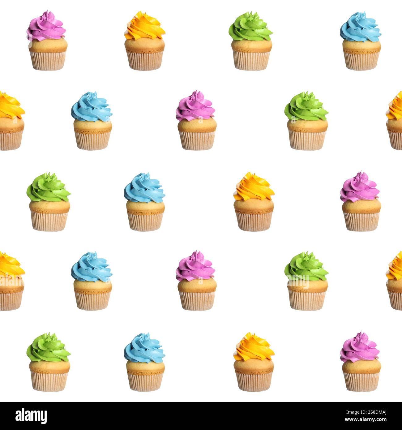 Pattern of cupcakes with bright cream on white background Stock Photo