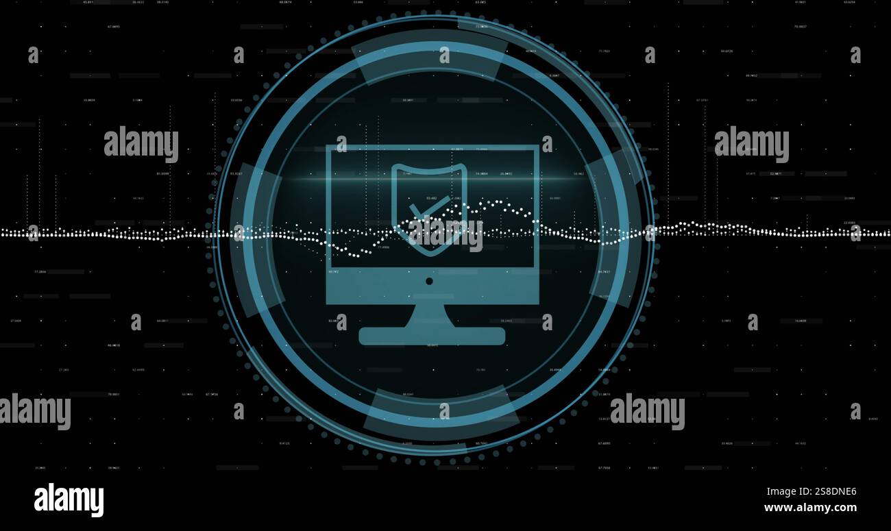 Image of shield icon and data processing over black background Stock Photo