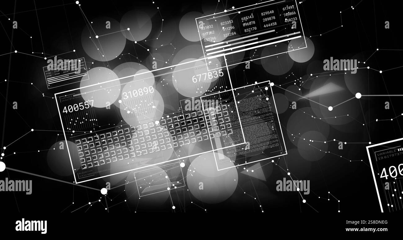 Image of data processing over shapes and white spots Stock Photo - Alamy