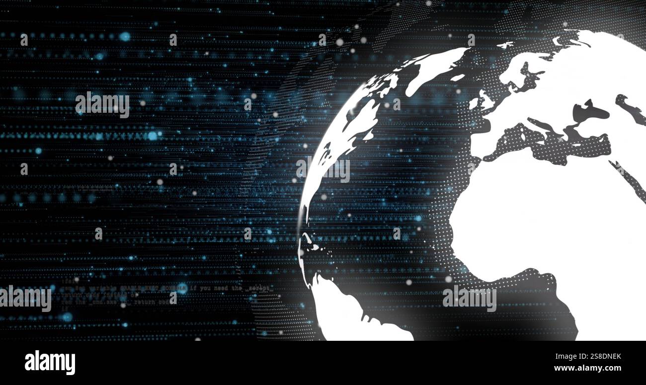 Image of blue spots moving over spinning globe Stock Photo