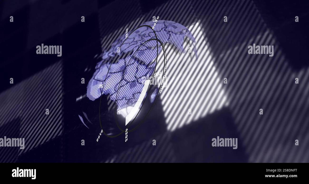 Rotating globe with data points and circular graph image over dark background Stock Photo