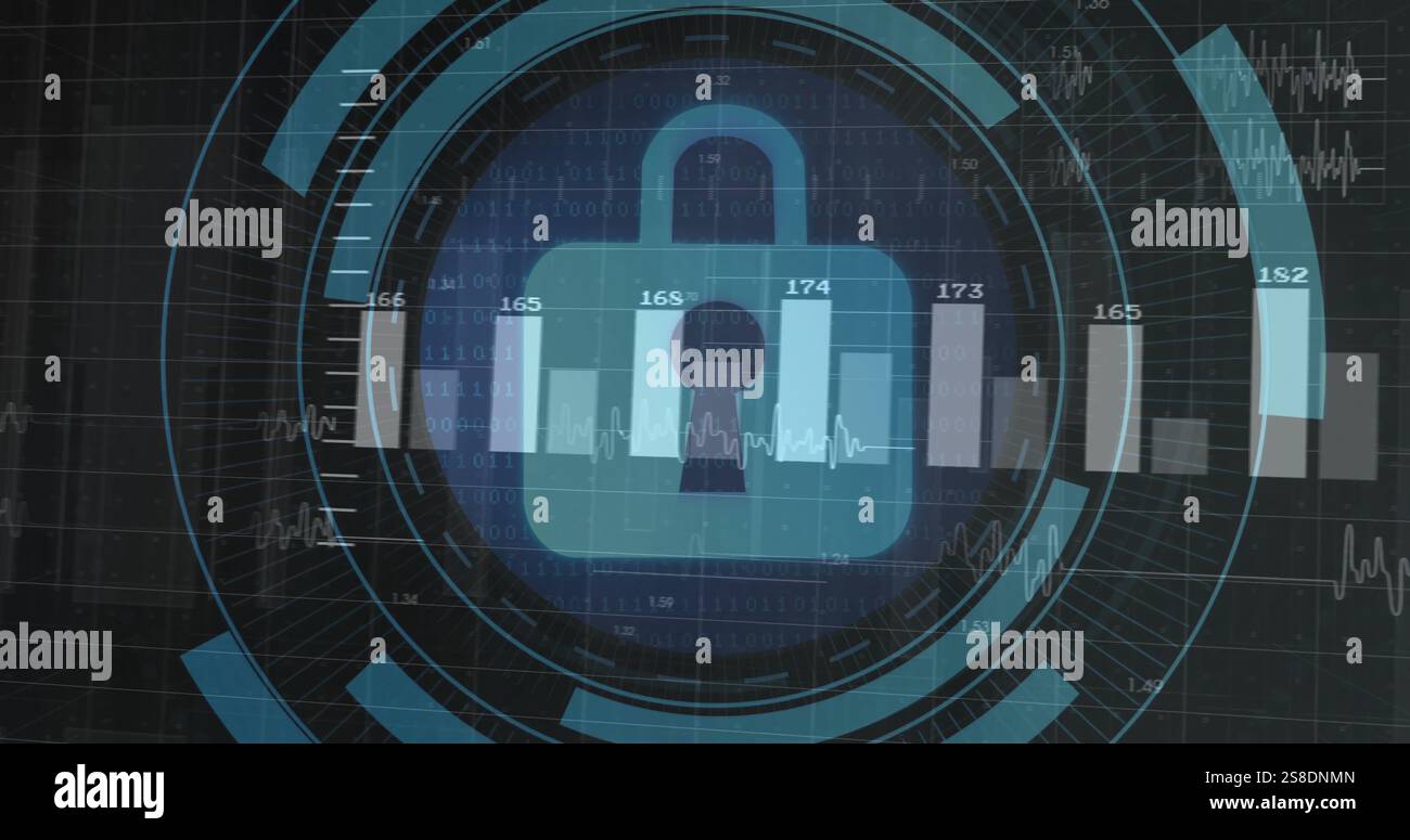 Image of digital data processing over padlock icon Stock Photo