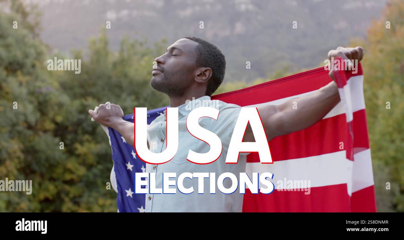 Image of usa elections text over african american man holding flag of ...
