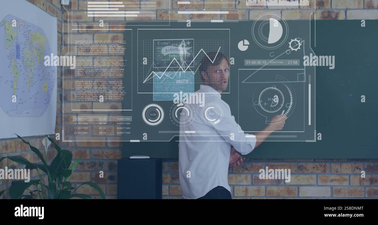Image of statistics and data processing over caucasian male teacher Stock Photo