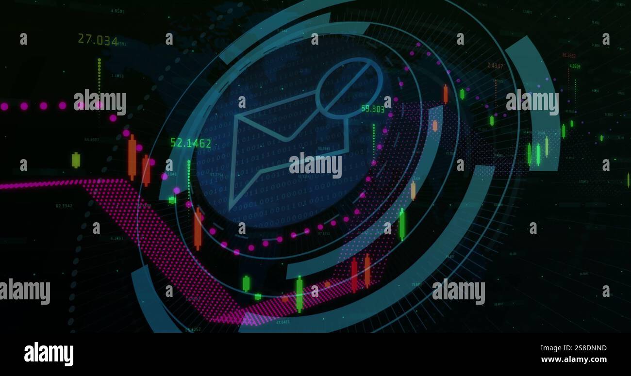 Image of mail icon, digital data processing over scope scanning on dark ...