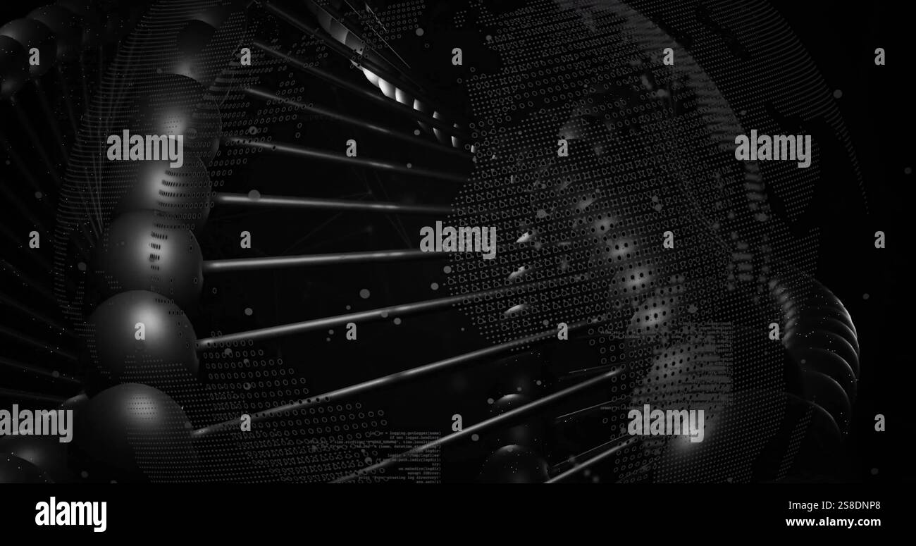 Image of dna strand, scientific data processing over globe spinning Stock Photo