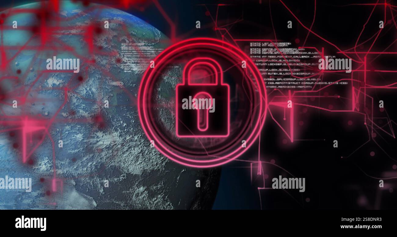 Image of data processing and globe over padlock on black background Stock Photo