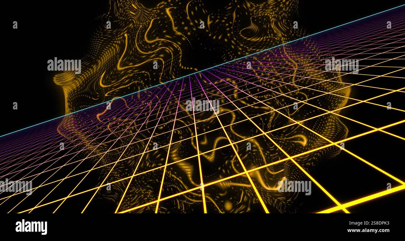 Image of neon pattern over light trails background Stock Photo