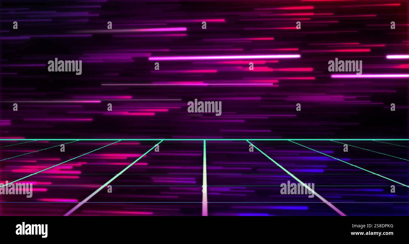 Image of neon pattern over light trails background Stock Photo