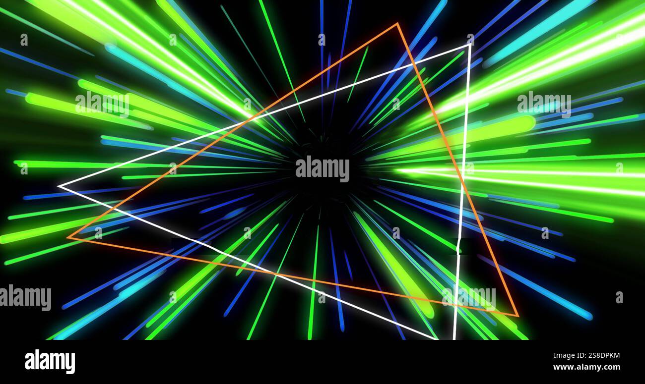 Image of neon pattern over light trails background Stock Photo