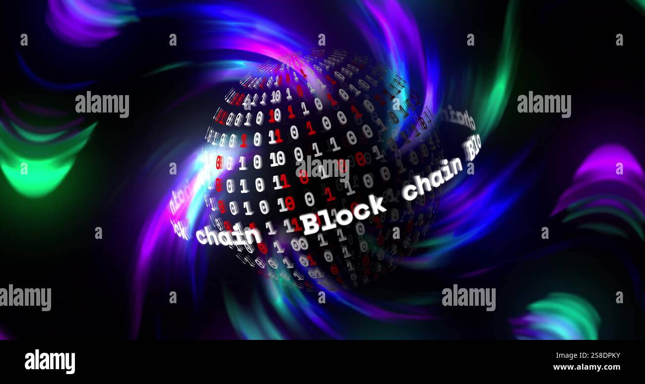 Image of globe with block chain binary coding over light trails background Stock Photo