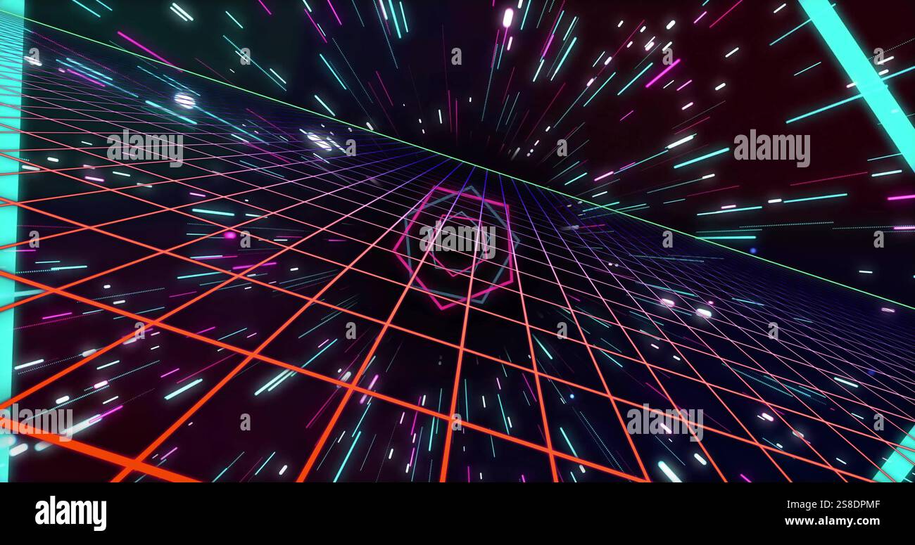 Image of neon pattern over light trails background Stock Photo