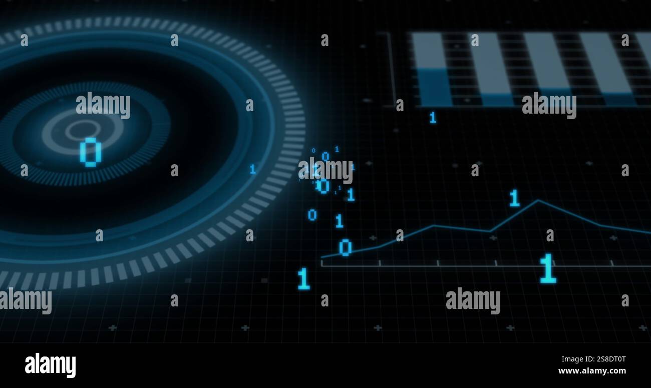 Image of binary data processing over circular scanner on black background Stock Photo