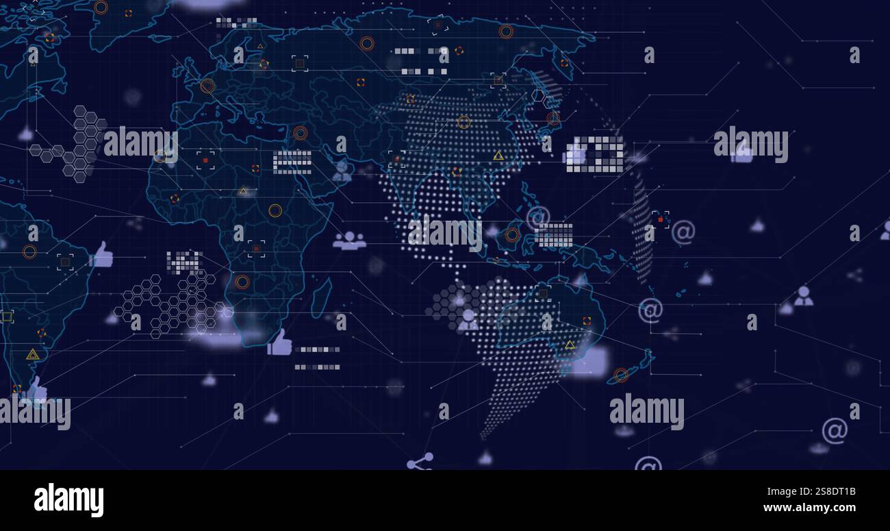 Image of data processing over world map and dark background Stock Photo ...