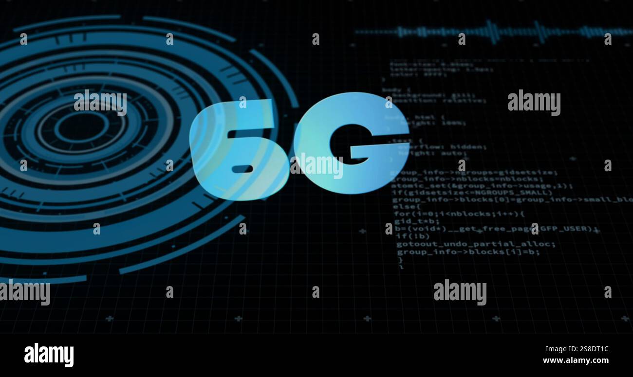 Image of 6g text over circular scanner and data processing on black interface Stock Photo