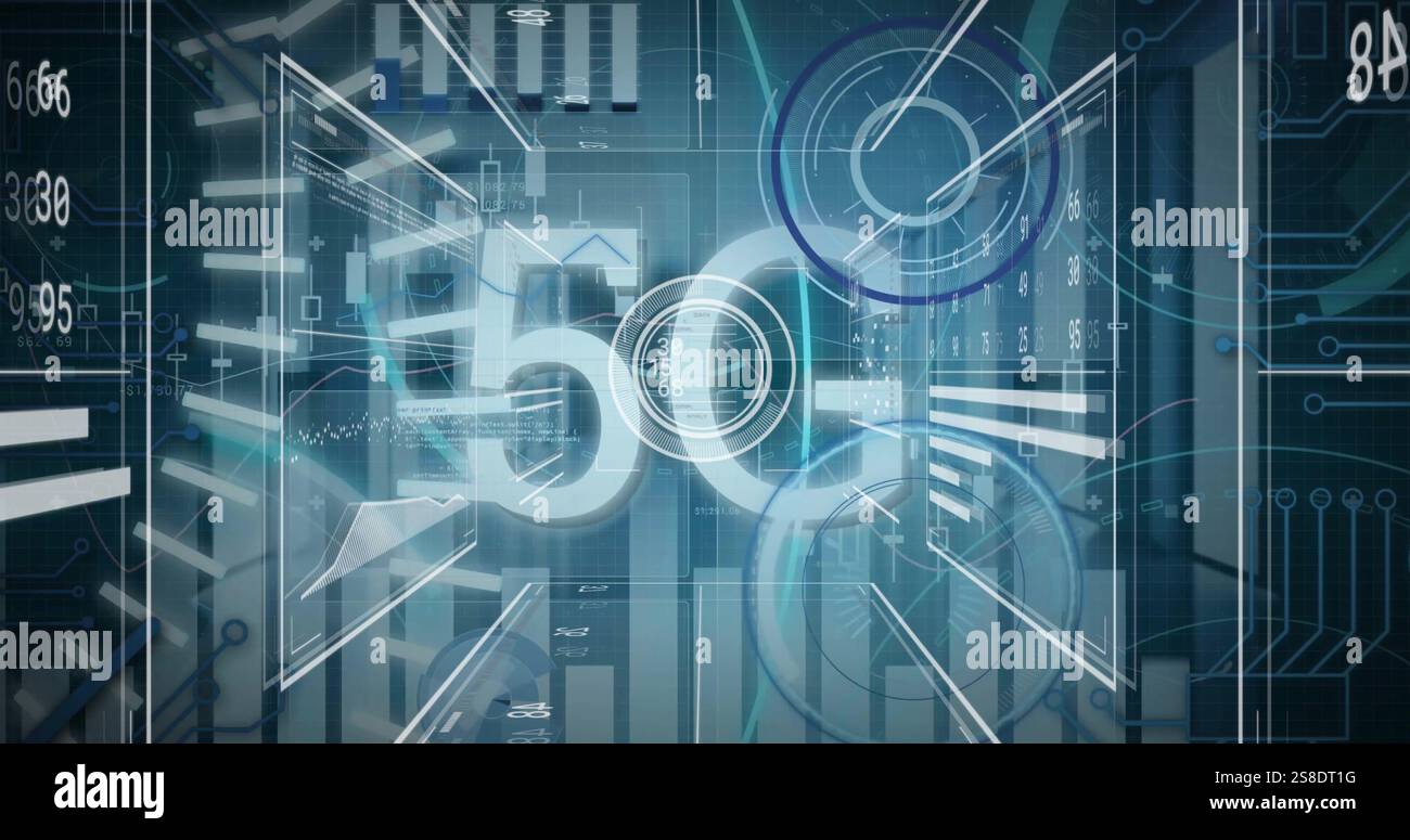 Image of 5g text and data processing on charts and scanners Stock Photo