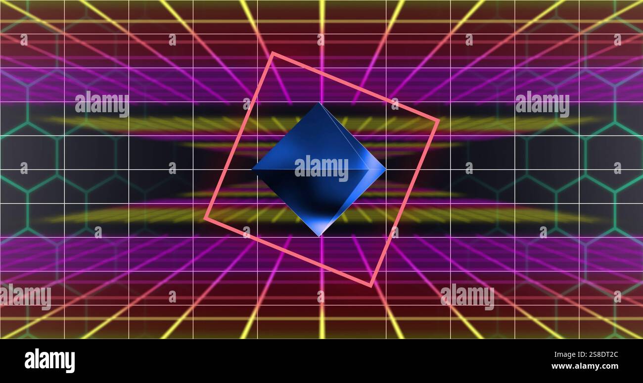 Image of neon shapes over lines on black background Stock Photo - Alamy