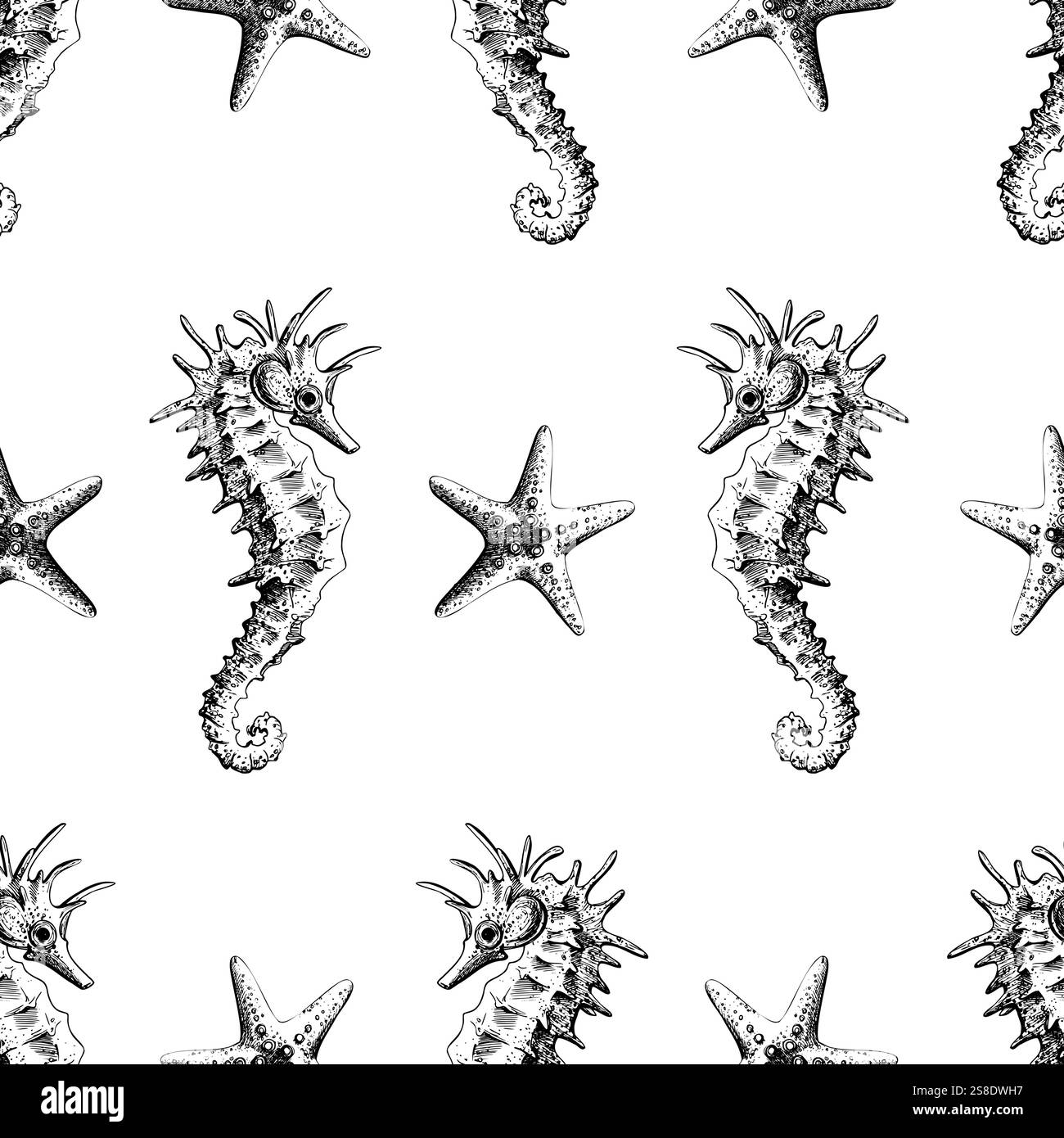 Seahorse and starfish on a white background, seamless pattern, marine ...