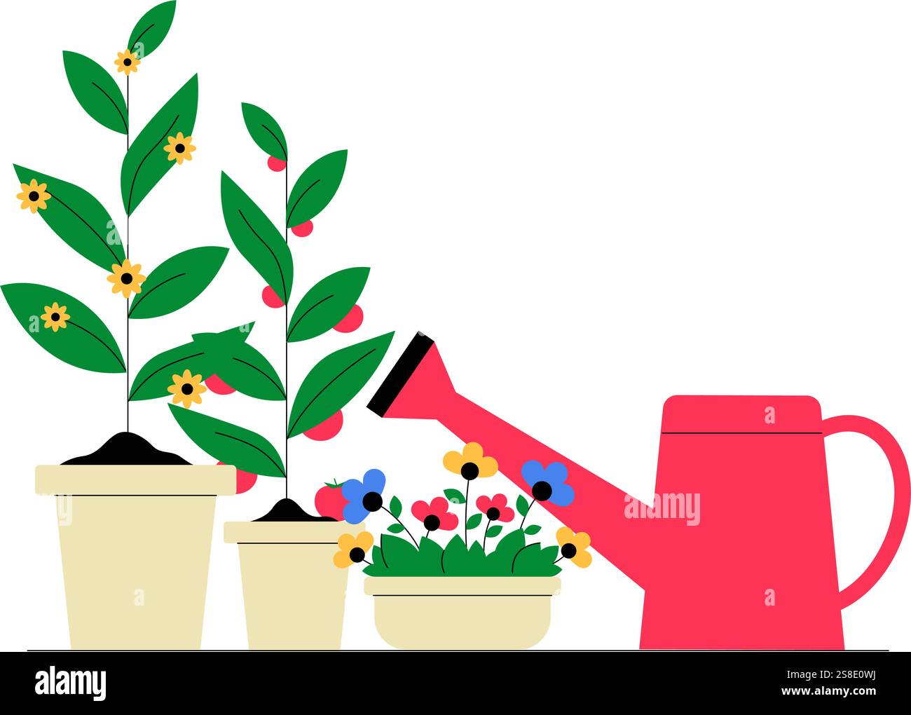 Watering Can And Potted Plants With Blooming Flowers In Flat Vector ...