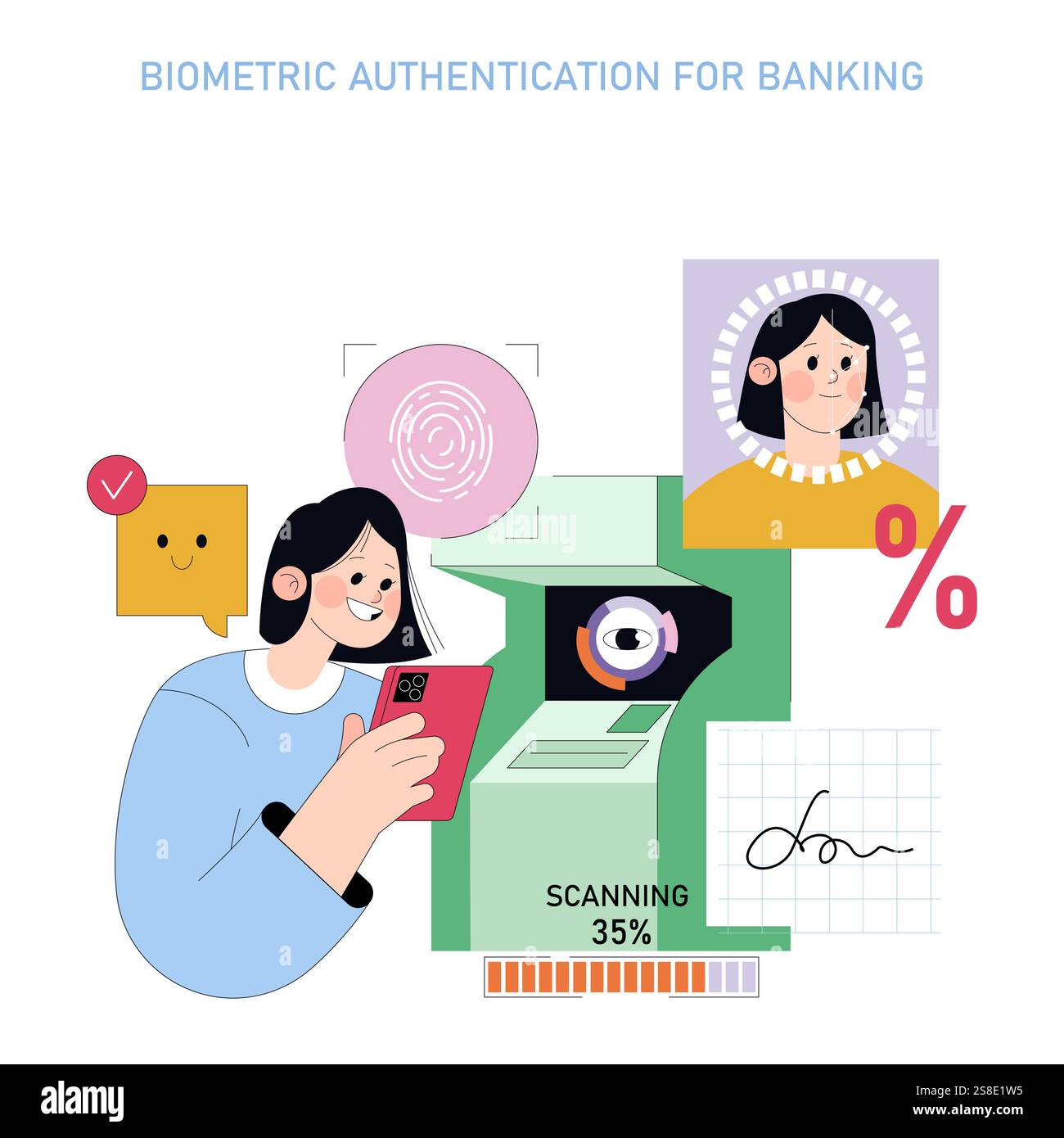 Biometric authentication for banking concept. User engaging with advanced security features. Seamless digital verification, improved banking security methods. Vector illustration. Stock Vector