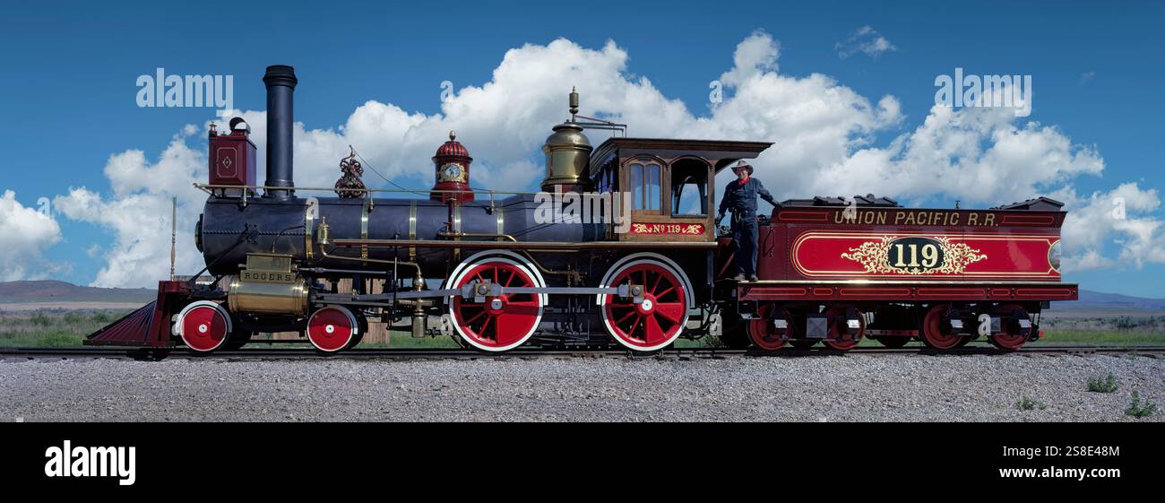 Train engine on a railroad track, Locomotive 119, Golden Spike National ...