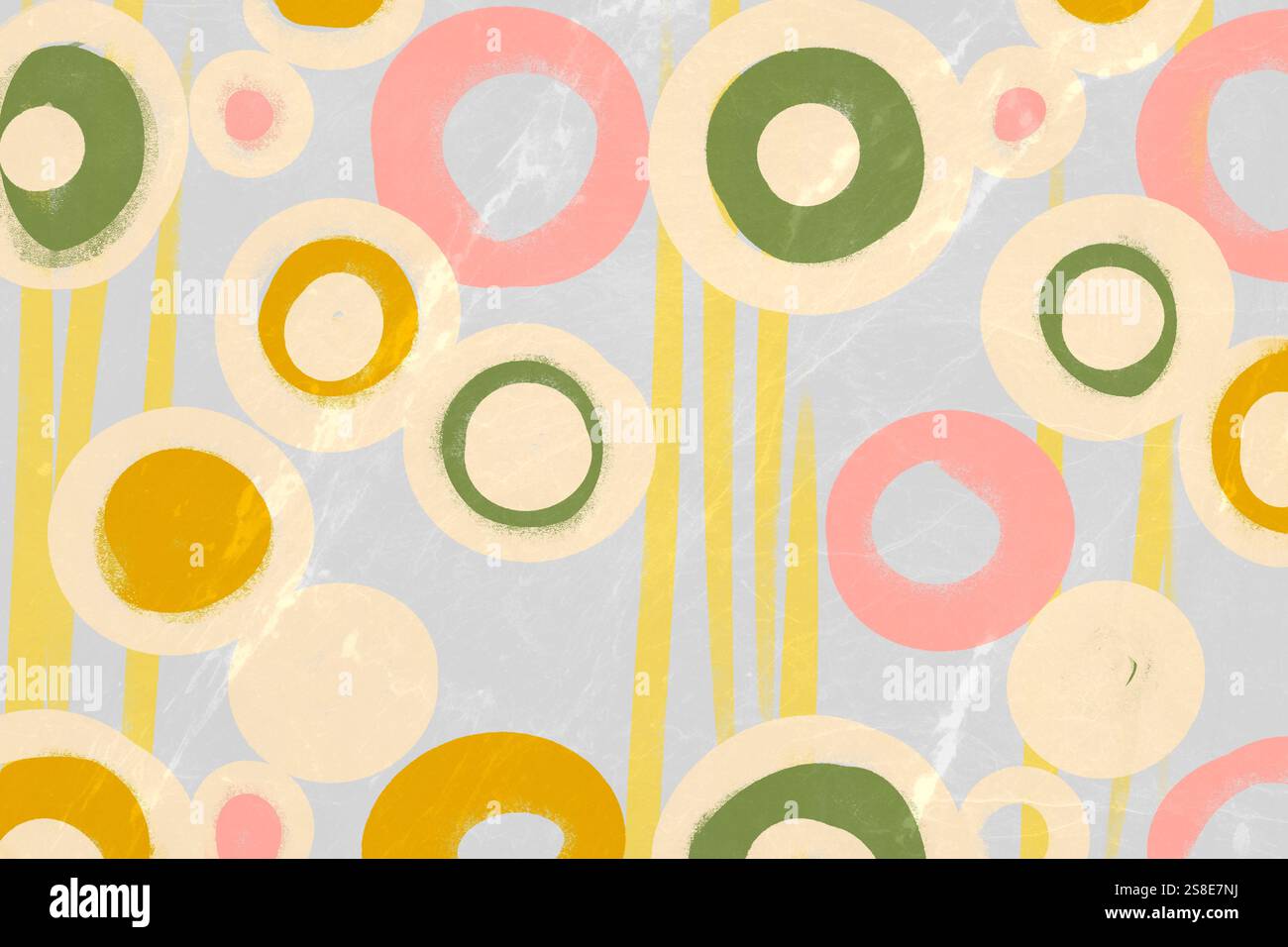 This abstract artwork features a variety of circles and ovals in a retro color palette of greens, yellows, and pinks, overlaid on a textured gray back Stock Photo