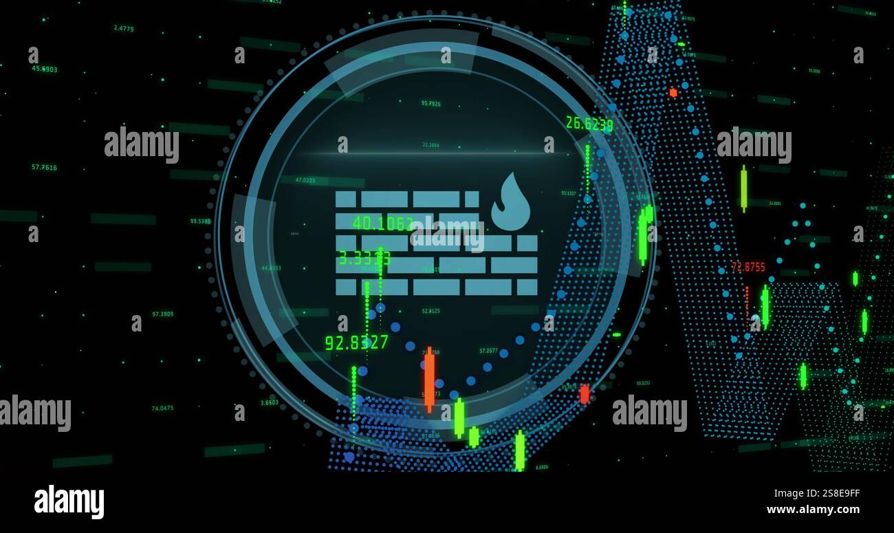 Image of fire wall icon and data processing over black background Stock Photo