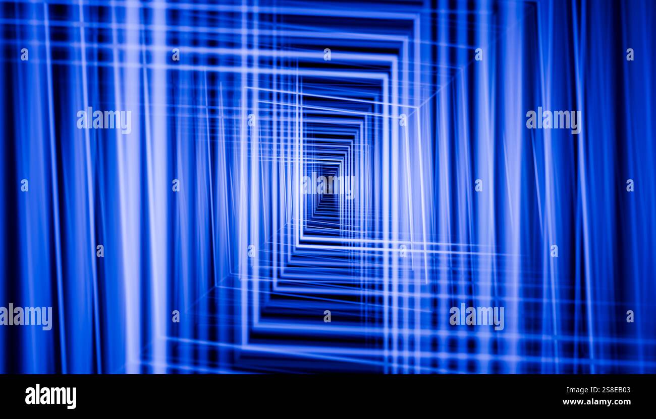 This 3D render features a striking blue tunnel illusion, created by overlapping grids that form a deep, perspective-driven corridor. Stock Photo