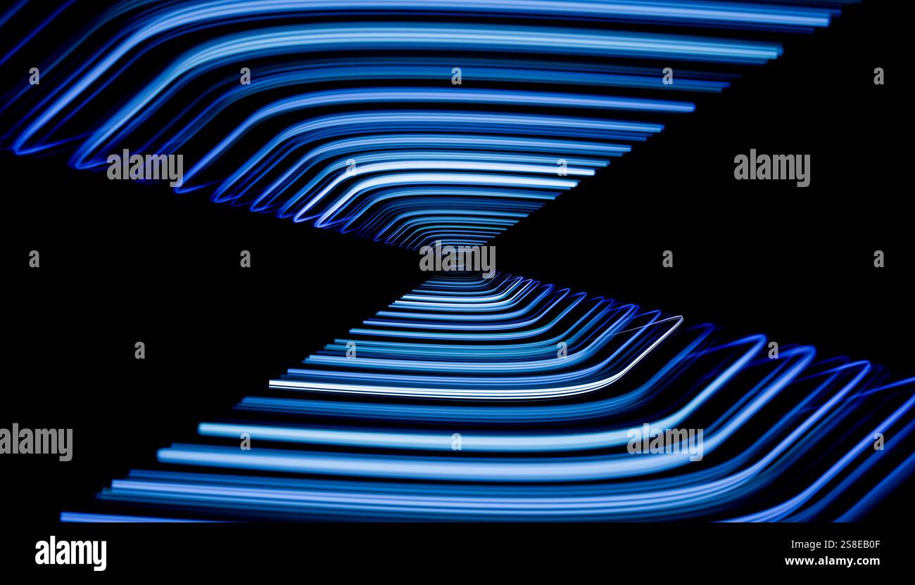 This is a captivating 3D render featuring symmetrical blue glowing lines that fold into a dark abyss, creating an intriguing abstract visual. Stock Photo
