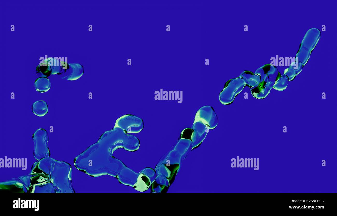 This digital artwork features abstract 3D liquid shapes swirling dynamically against a striking blue background, emphasizing cutting-edge rendering te Stock Photo