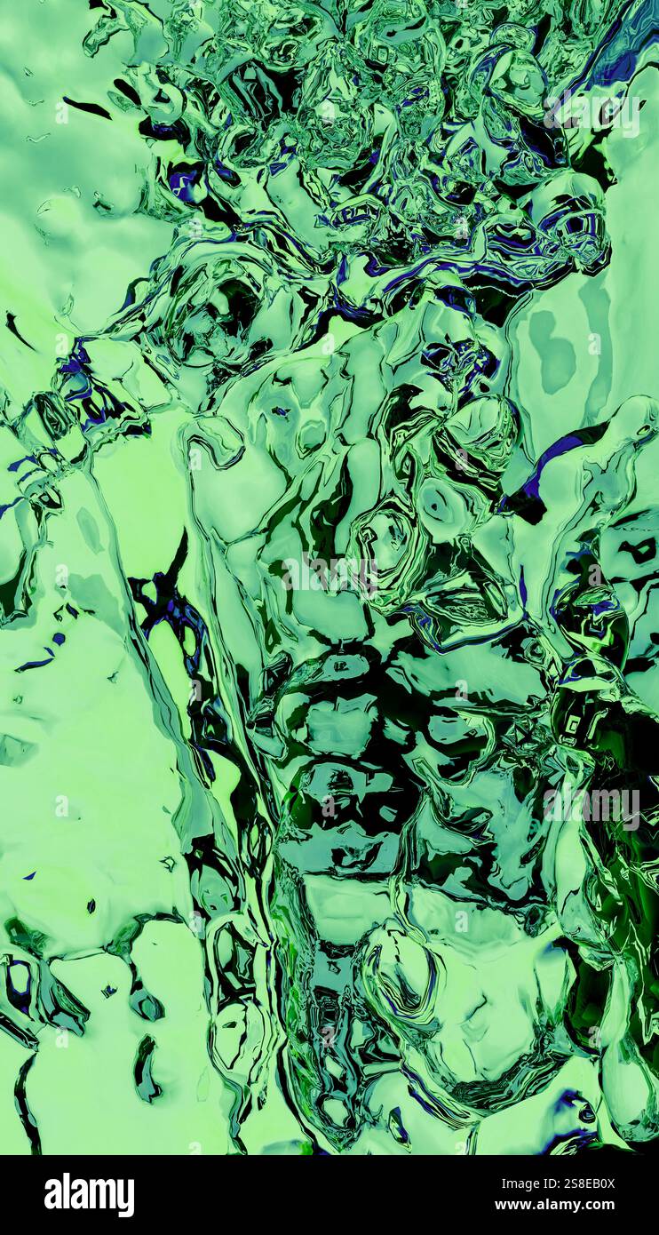 This striking abstract image features a dynamic pattern of liquid 3D elements in green and blue, capturing a sense of fluid motion and creative energy Stock Photo