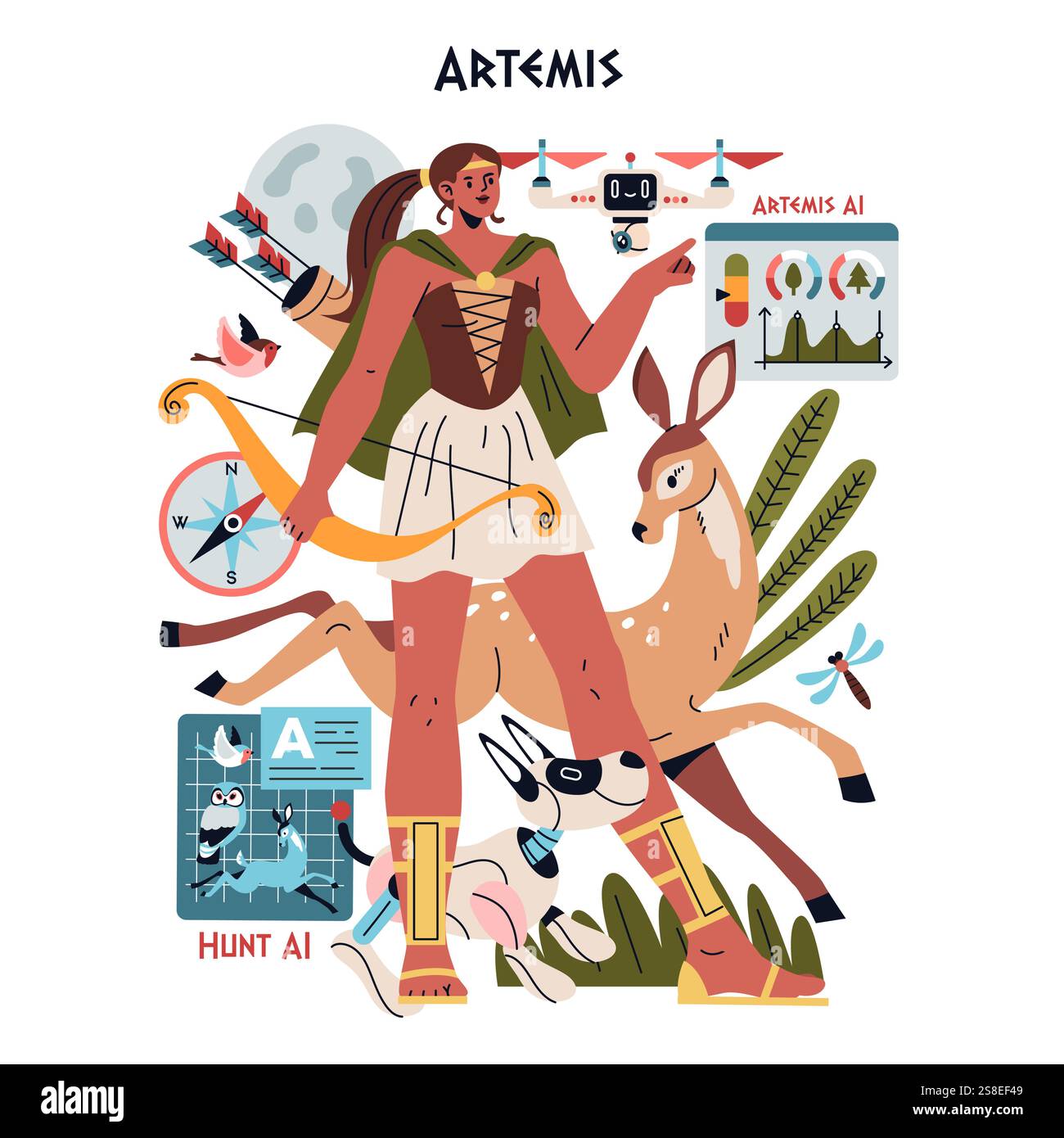 Olympic Gods Synergy AI concept. Artemis integrated with modern