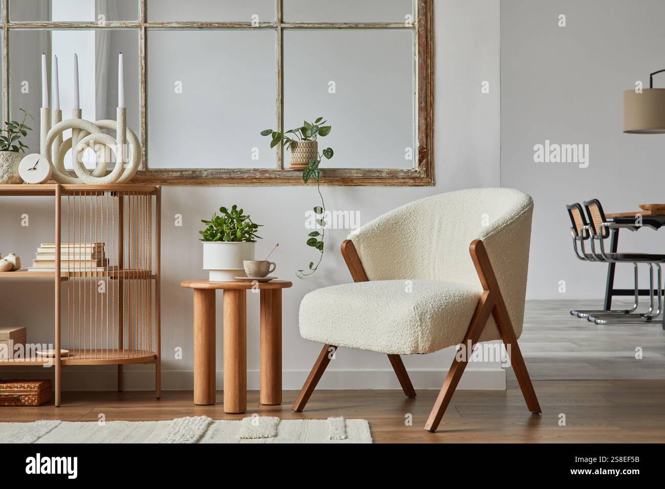 Stylish compositon of modern living room interior with frotte armchair ...