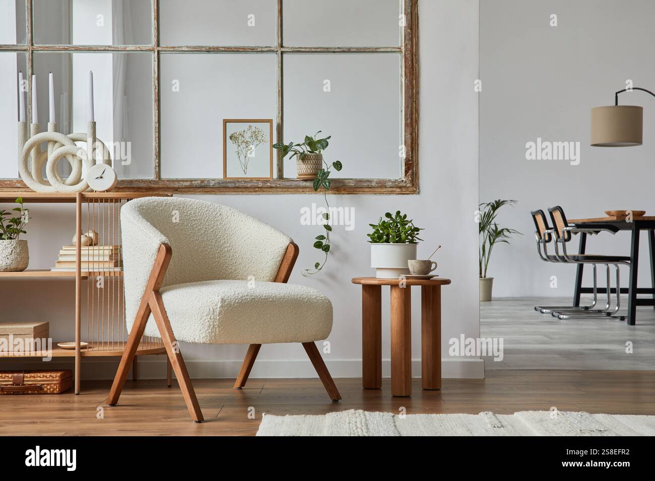 Stylish compositon of modern living room interior with frotte armchair ...
