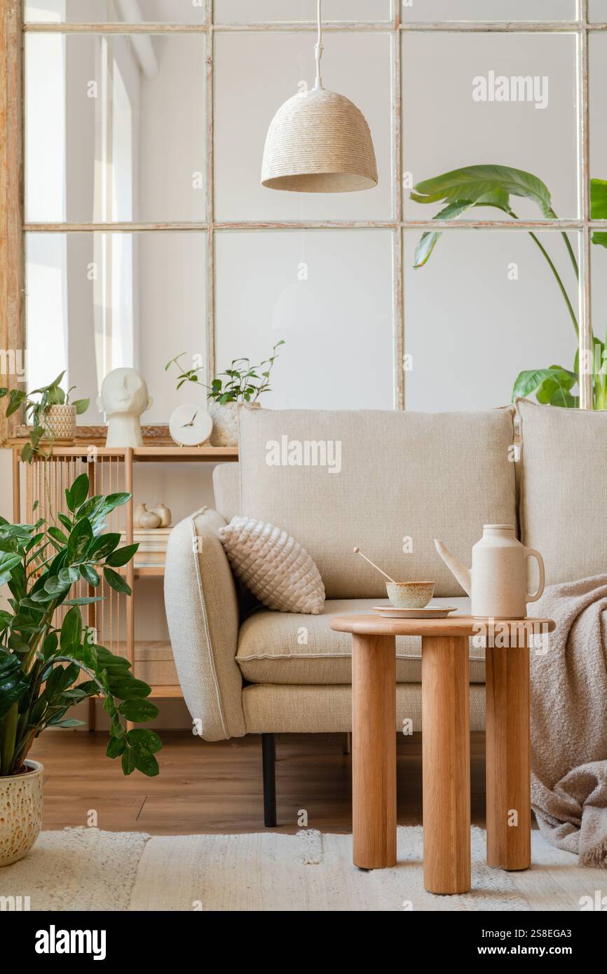 Stylish composition of living room interior details. Creative modern furniture and home accessories. Home staging. Template. Copy space. Stock Photo