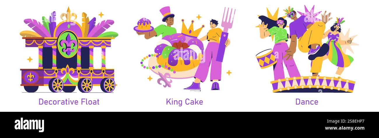 Mardi Gras celebration scene featuring a decorative float, a famous king cake, and lively dancers. The concept embodies the vibrant culture and traditions of New Orleans festivities with colorful displays, joyful participants, and festive treats. Vector illustration. Stock Vector