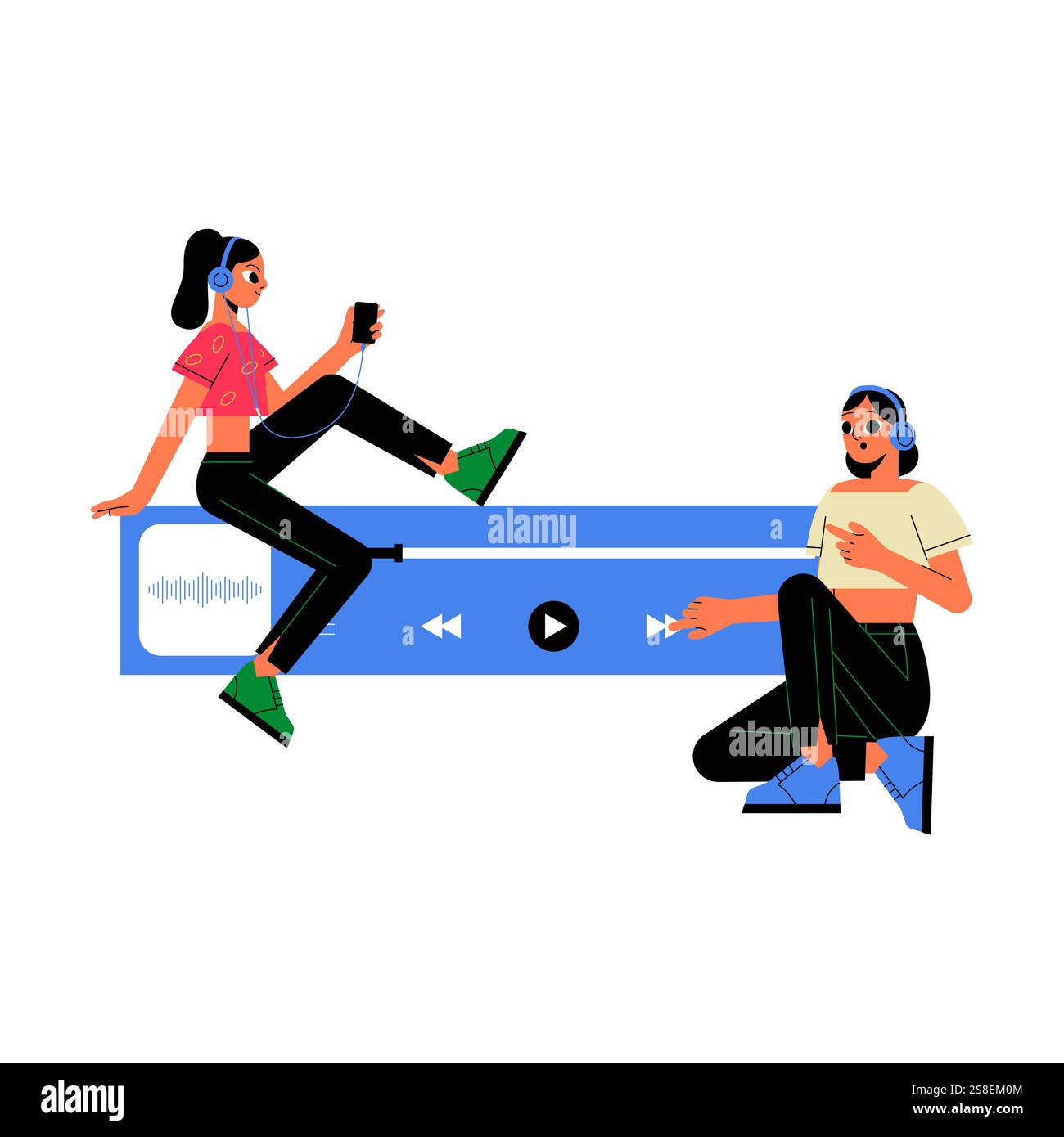 Relax Listener Image Two Female Podcast Listeners In Flat Vector Illustration Symbolizing ...