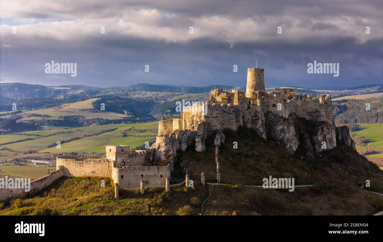 breathtaking-aerial-drone-view-of-spis-castle-amidst-slovakia-s-rolling