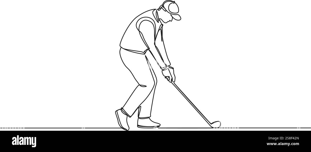 continuous single line drawing of man playing golf, line art vector ...