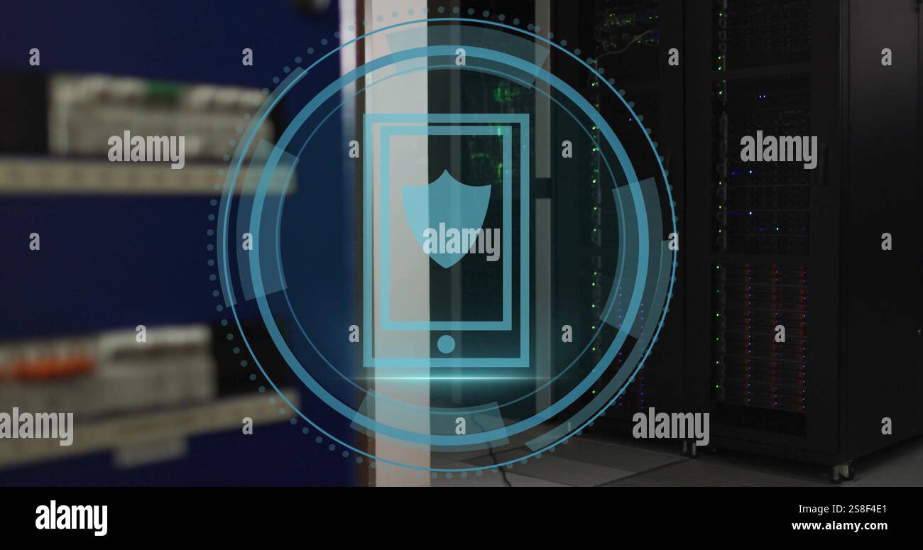 Image of shield icon and digital data processing over computer servers Stock Photo