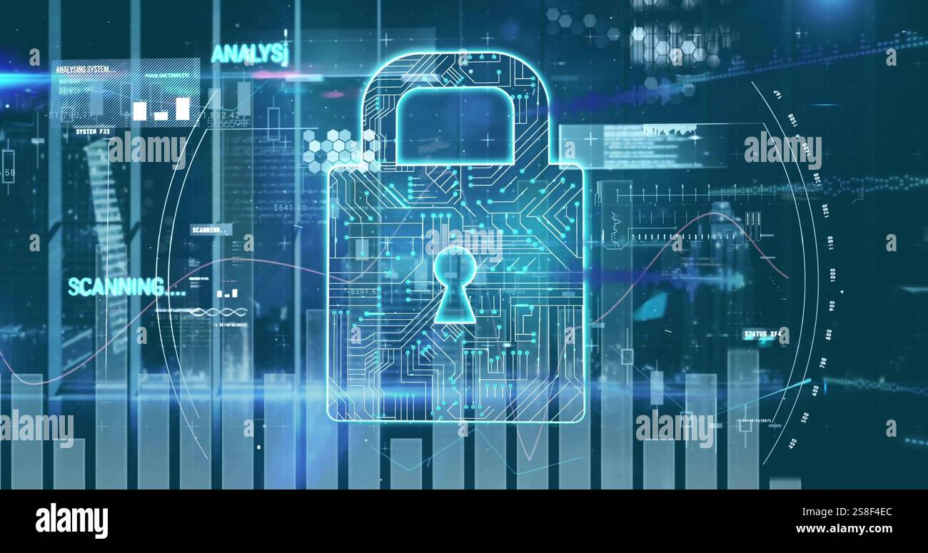 Image of padlock icon and data processing on black background Stock Photo