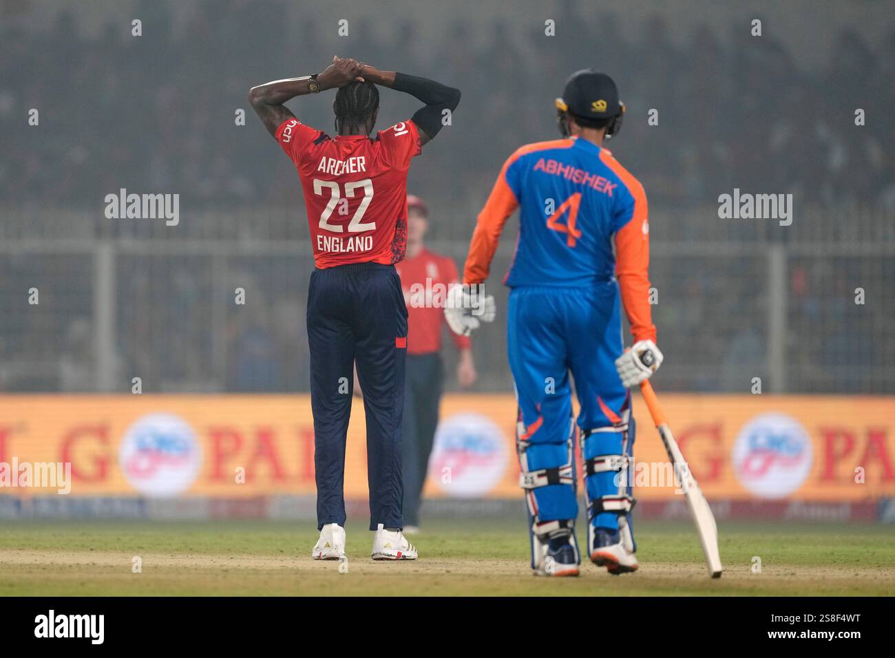 England's Jofra Archer reacts after bowling a delivery during the first
