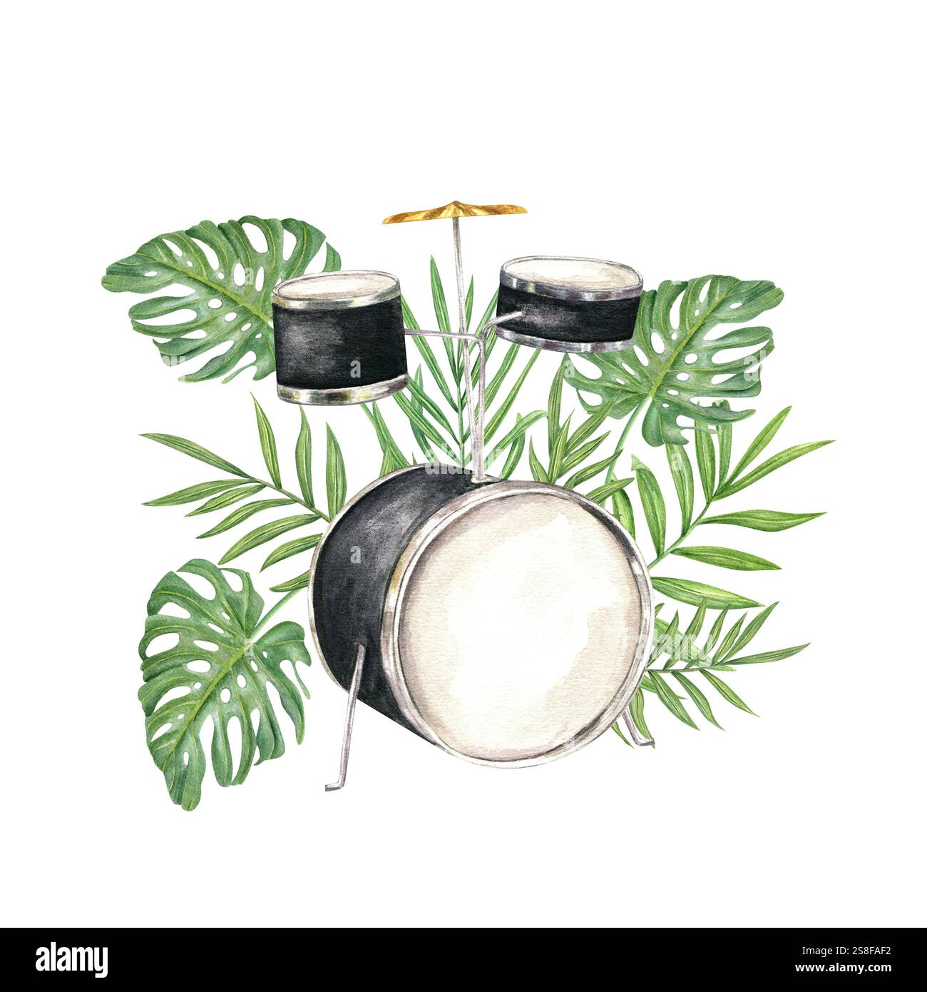 Watercolor drum kit with tropical green leaves illustration. Black ...